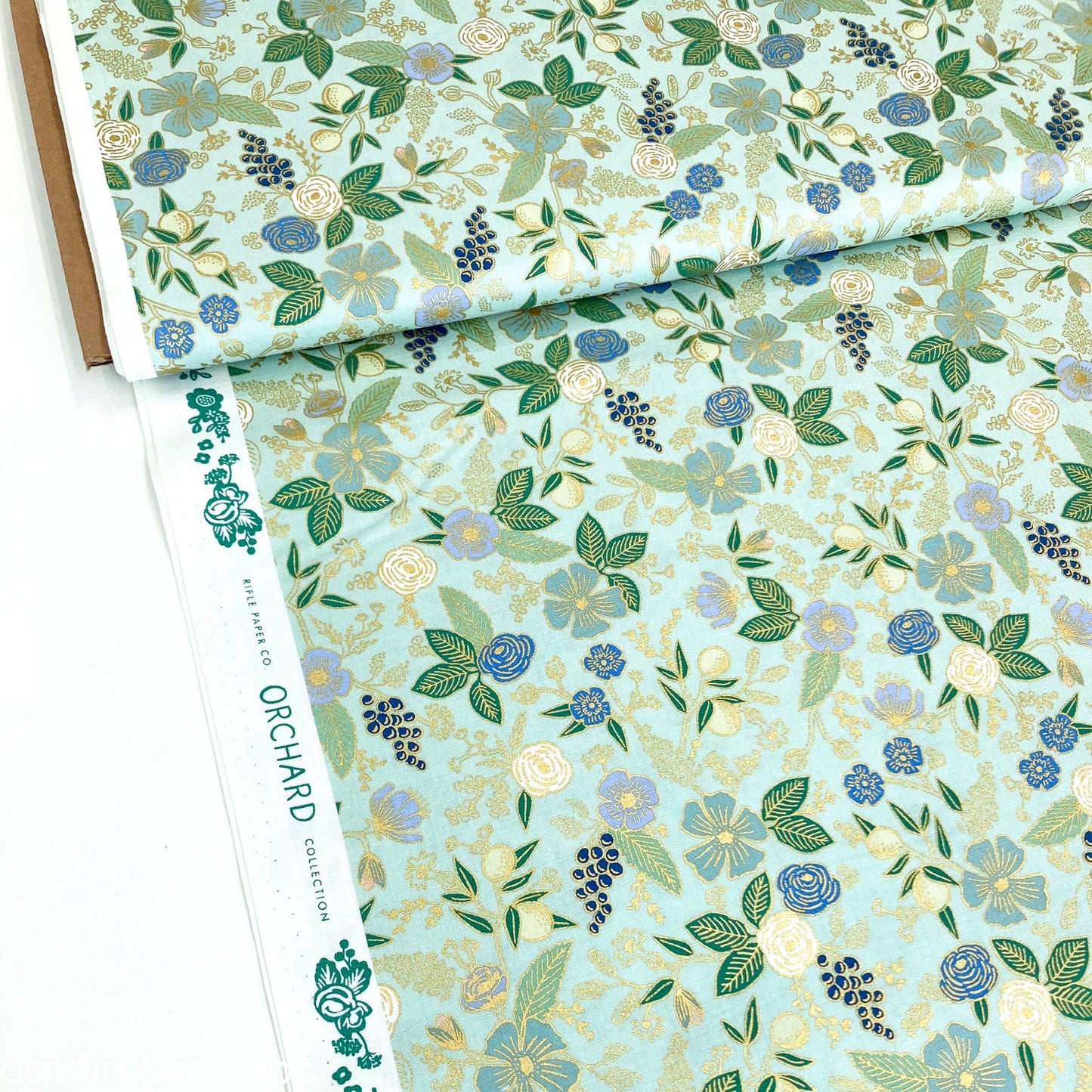 Rifle Paper Co. 'Orchard' Quilting Cotton 'Colette' Mint (Metallic)