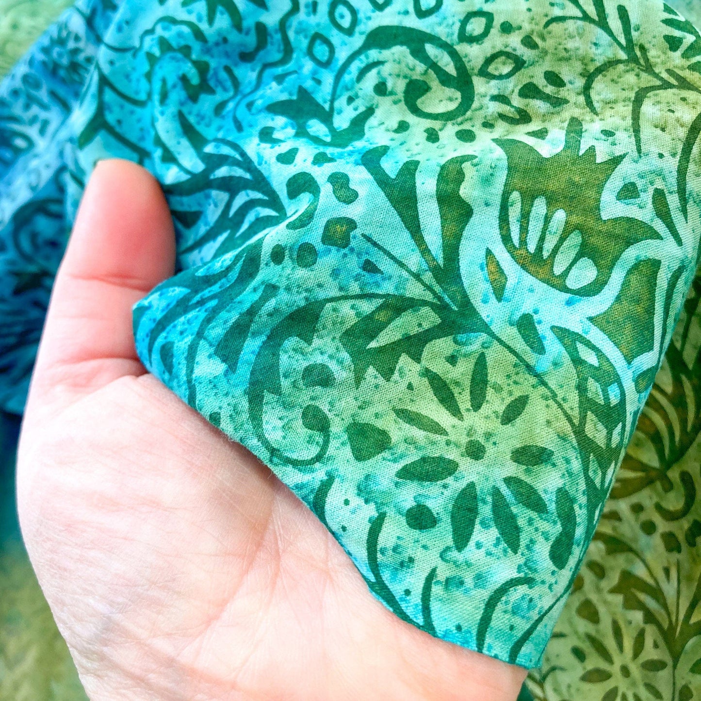 Cotton Batik with Aqua and Green Floral Design