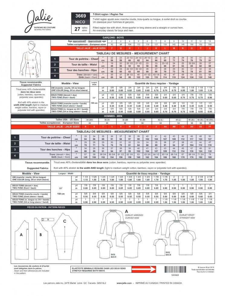 Jalie Sewing Patterns: Nico Raglan Tee 3669